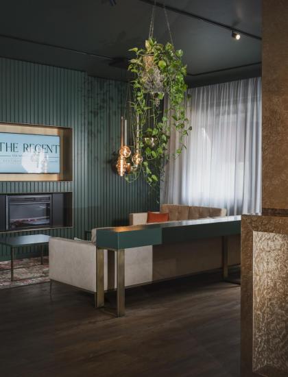 Elegante lounge bar con divani, piante pensili e scaffale di liquori.