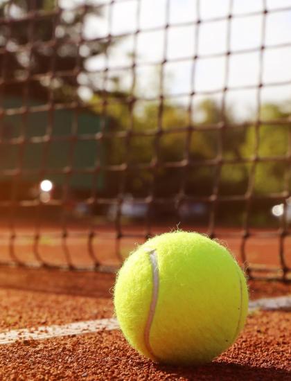 Palla da tennis su campo in terra rossa, vicino alla rete.