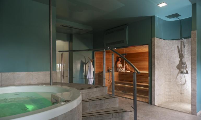 Spa avec jacuzzi, sauna et douche moderne.